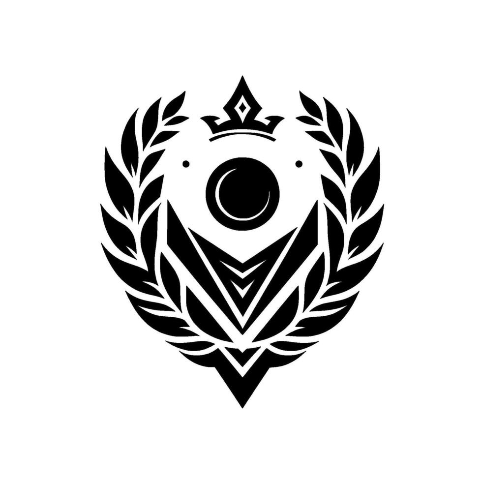Ornate Black and White Emblem Crowned Geometric Crest with Laurel Wreath and a Central Circle vector
