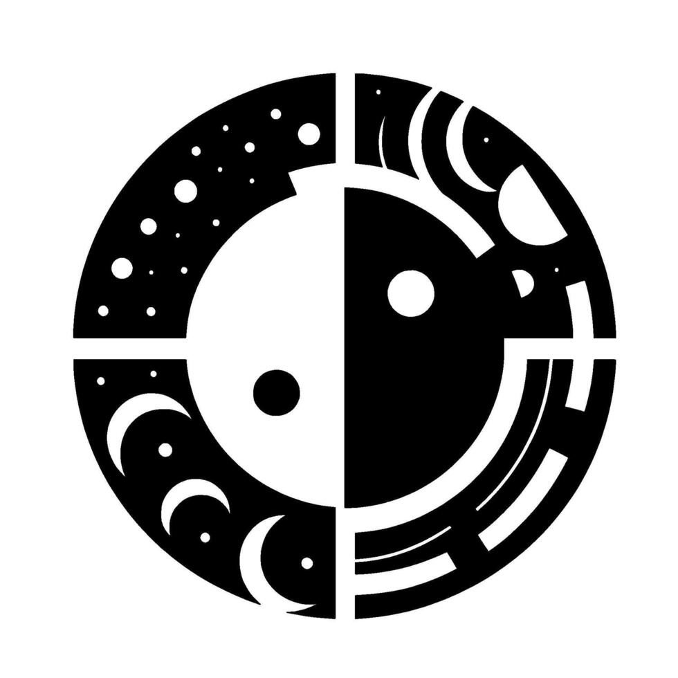 Abstract Black White Circular Design Symbolic Composition with Celestial Elements like Moons, Stars, and Geometric Shapes vector