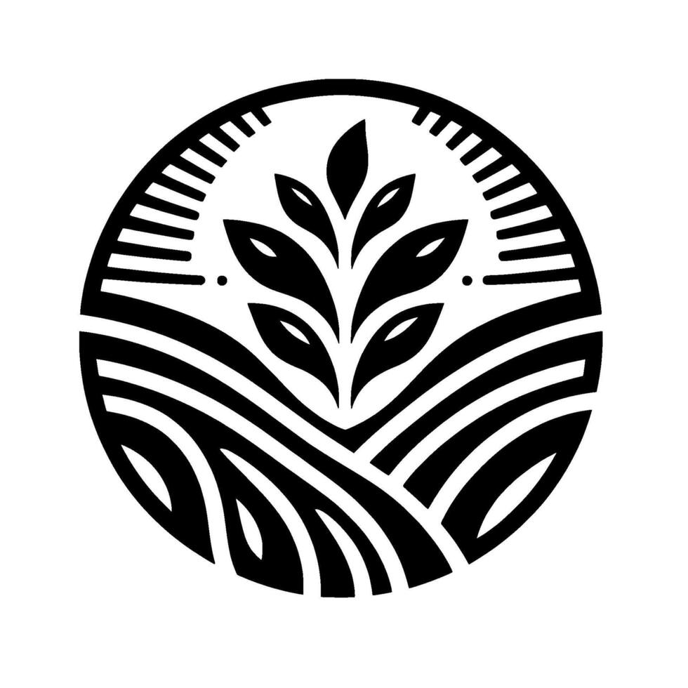 A stylized, monochrome depicting a central leafy plant growing from a landscape of rolling fields, within a circular frame. vector