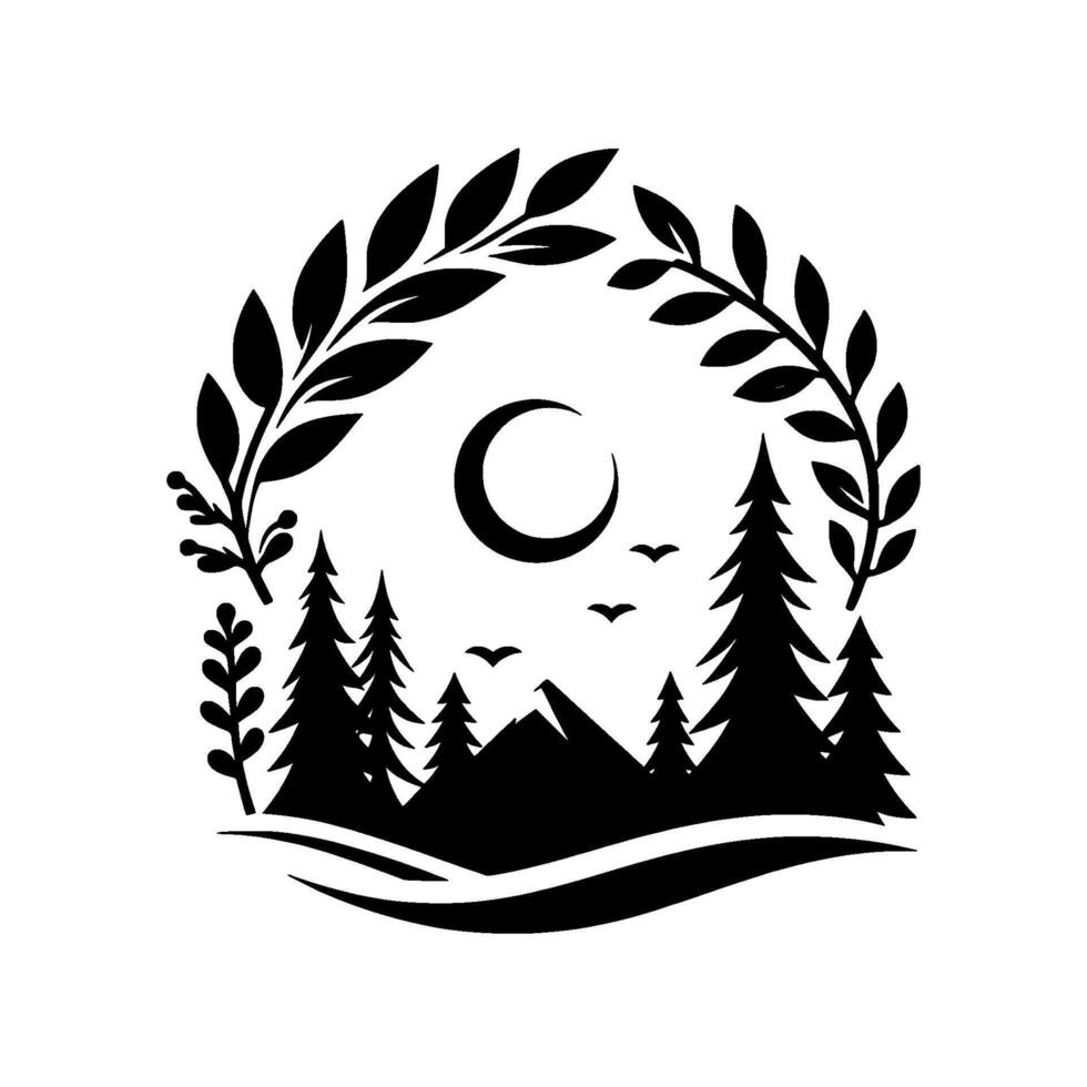 A silhouetted landscape, framed by leaves, depicts a crescent moon, pine trees, mountains and birds in serene, minimal aesthetic. vector