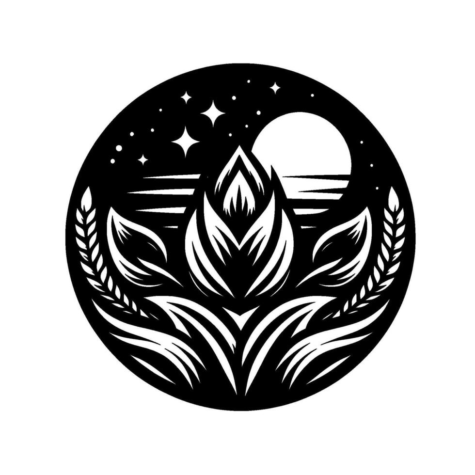 Circular Black and White Floral with a Night Sky, Sun, and Stars, Emphasizing Nature and Tranquility. vector