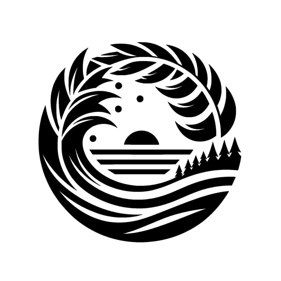 Circular monochrome depicting a stylized sunset over a wavy ocean scene, framed by a leafy arch and mountain silhouette. vector
