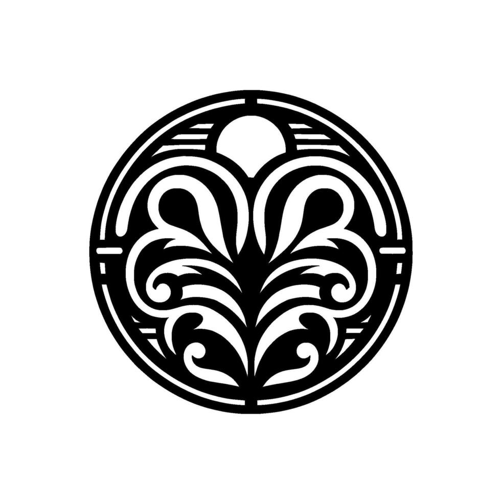 A symmetrical black and white decorative circular design, featuring stylized floral elements, a central heartlike shape, and sunlike top, set against a white background. vector