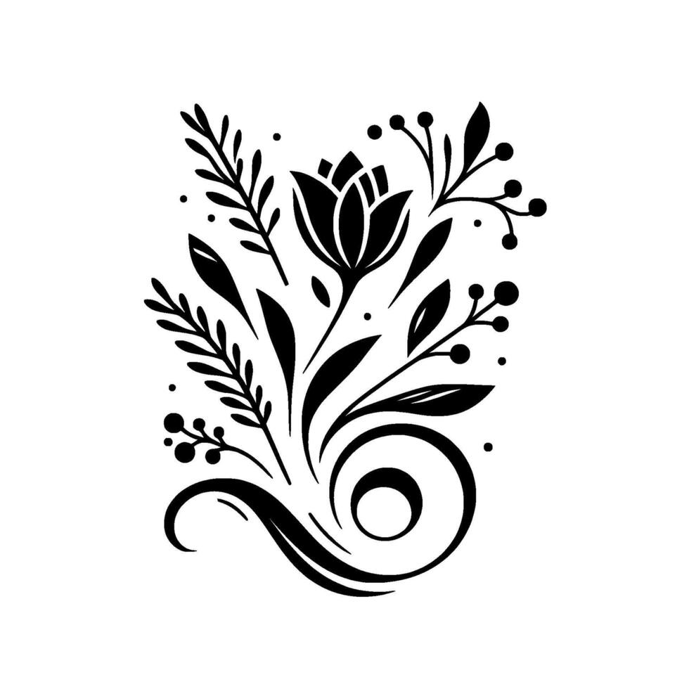 Elegant black and white floral featuring a stylized tulip bloom, swirling elements, and intricate leaf and berry accents, conveying natural beauty. vector
