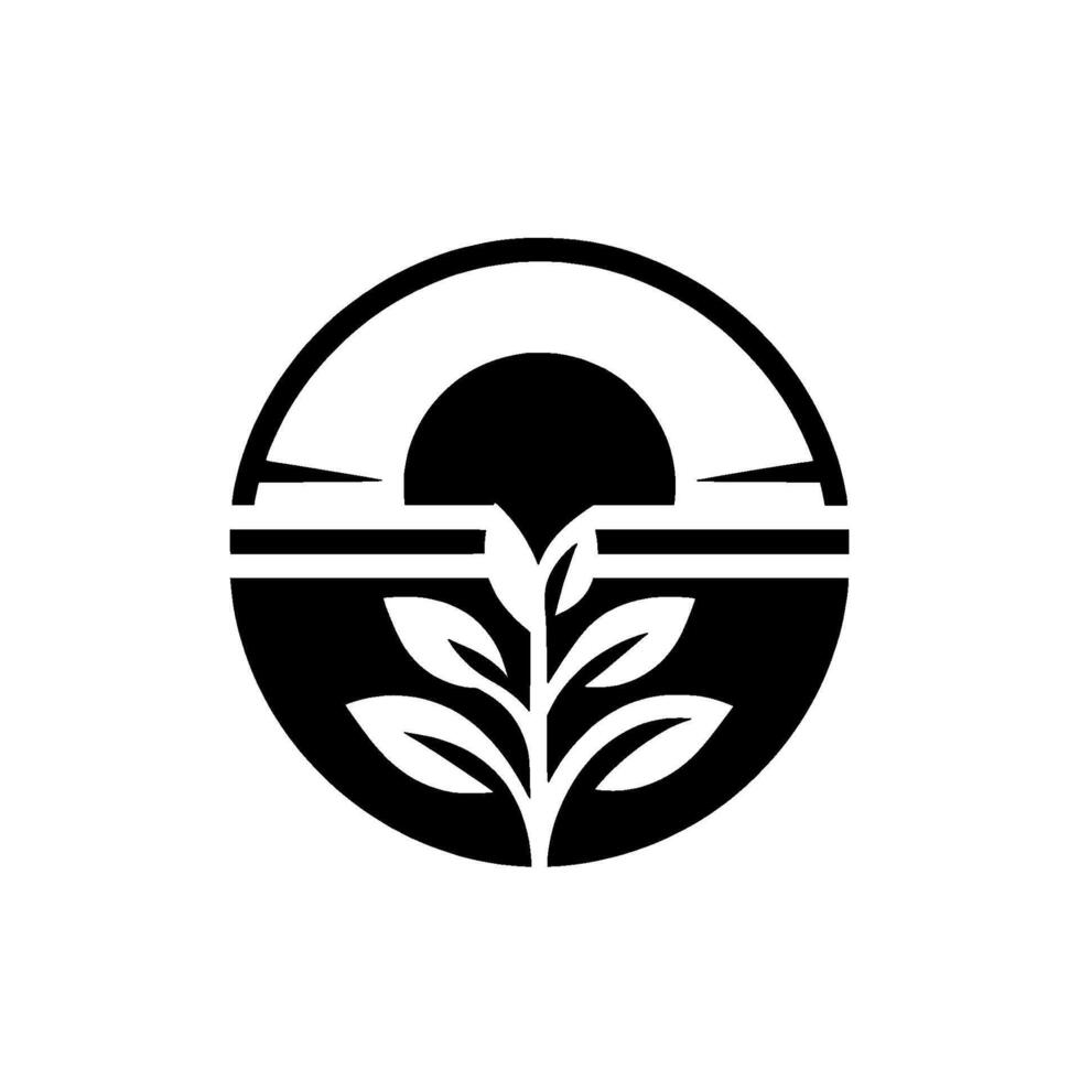 Minimalist black and white circular featuring a stylized plant with leaves, sun, and horizontal lines. vector