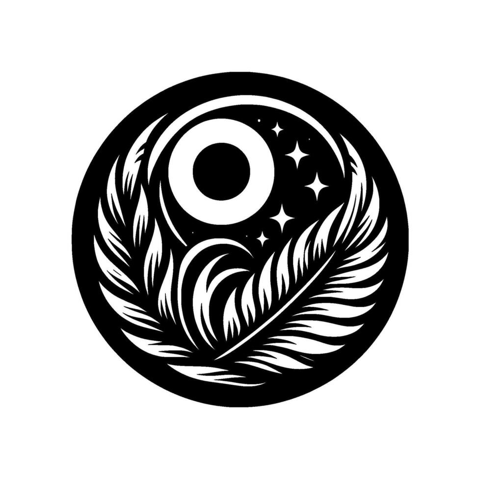 Celestial Emblem Black White Circular Illustration featuring an Eyelike Symbol, Starry Sky and Feathered Wings Motif, on White Background. vector
