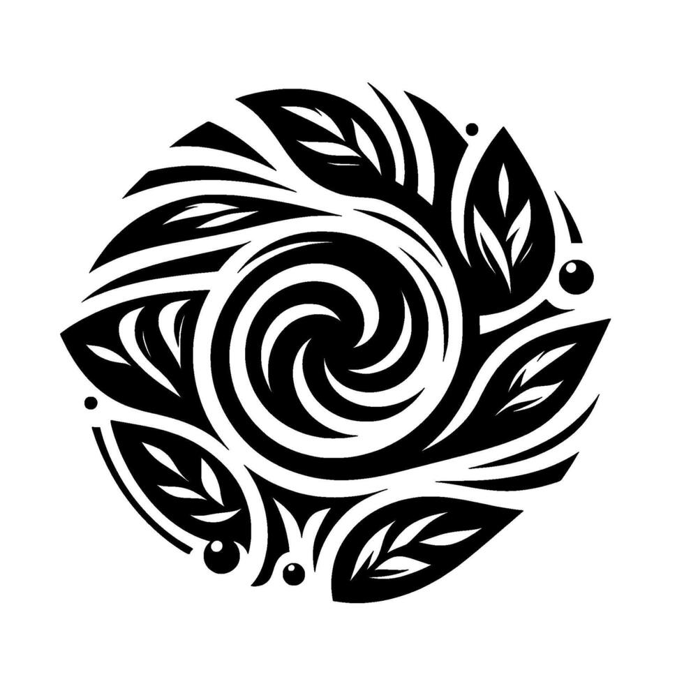 A monochromatic, circular composed of swirling spiral elements, organic leaf forms, and stylized droplet accents, creating a harmonious, balanced illustration. vector