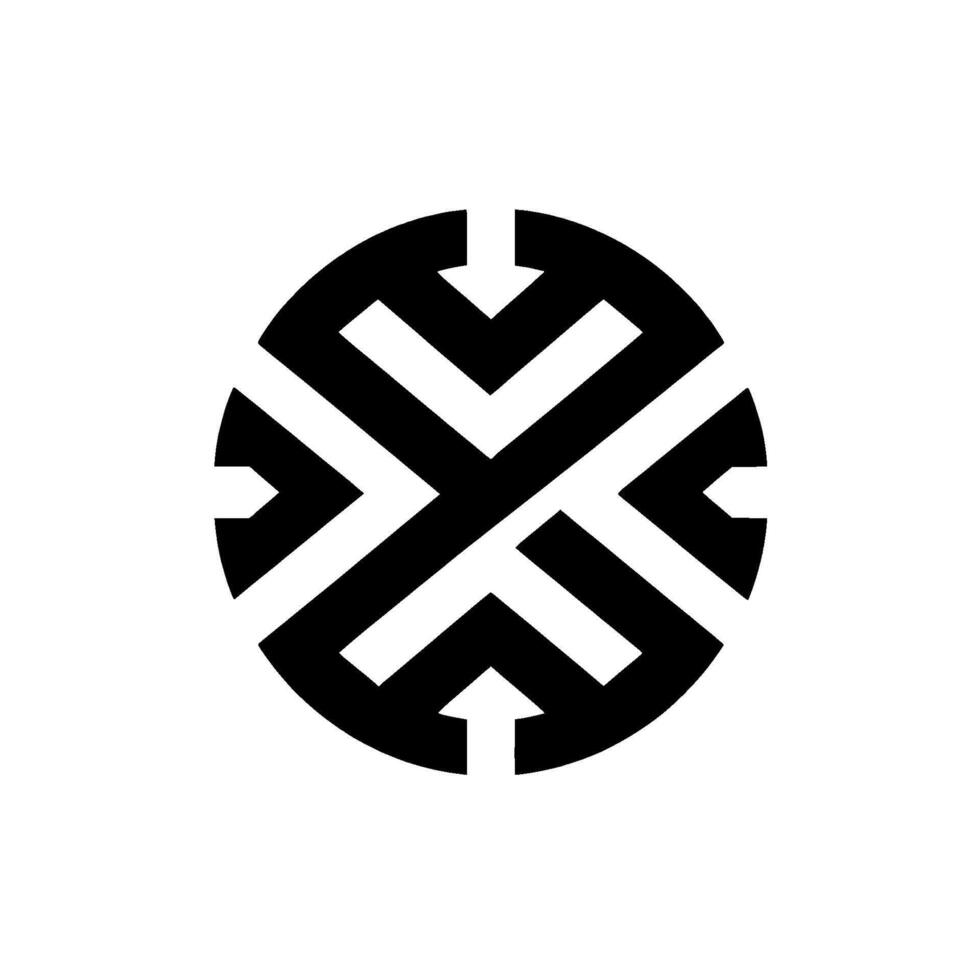 A symmetrical minimalist featuring a black abstract geometric shape within a circle, created with arrows and sharp angles, against a stark white background. vector