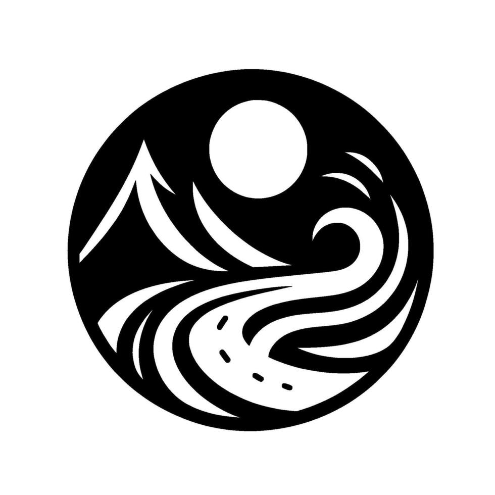 A stylized, circular black and white emblem showcasing a mountain range, sun, winding river, and ocean wave, evoking harmony. vector