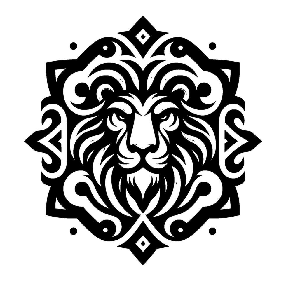 A Majestic Black and White MandalaInspired Lion Head Intricate Tribal with Bold Lines, Creating a Regal and Artistic Composition. vector