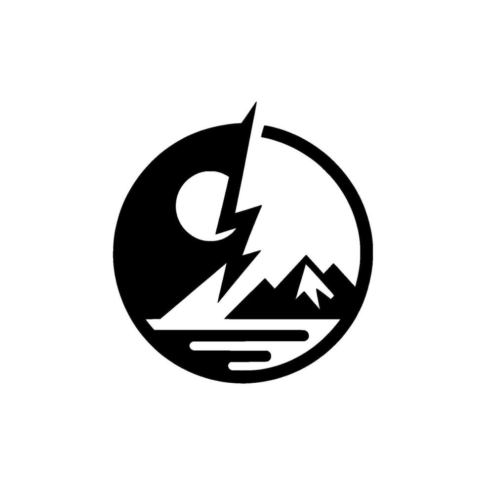 Black and white stylized illustration of a mountain landscape contained within a yinyang symbol, featuring a lightning bolt, moon, and water. vector