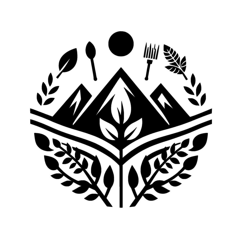 Circular black and white depicting mountains, leaves, sun, and tools symbolizing nature, nourishment, and creativity, arranged symmetrically. vector