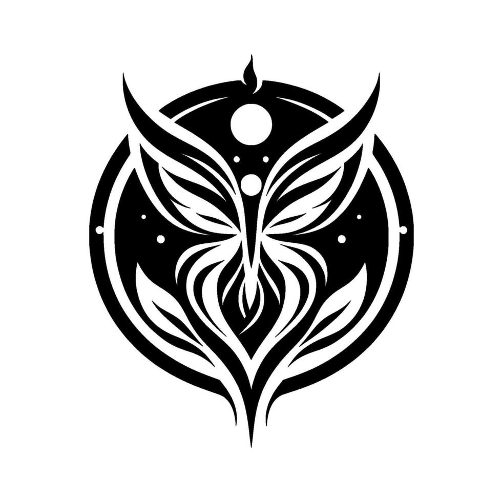 A symmetrical black and white tribal art depicting a stylized owllike creature within a circle, featuring wing and leaf motifs, and a small flame above. vector