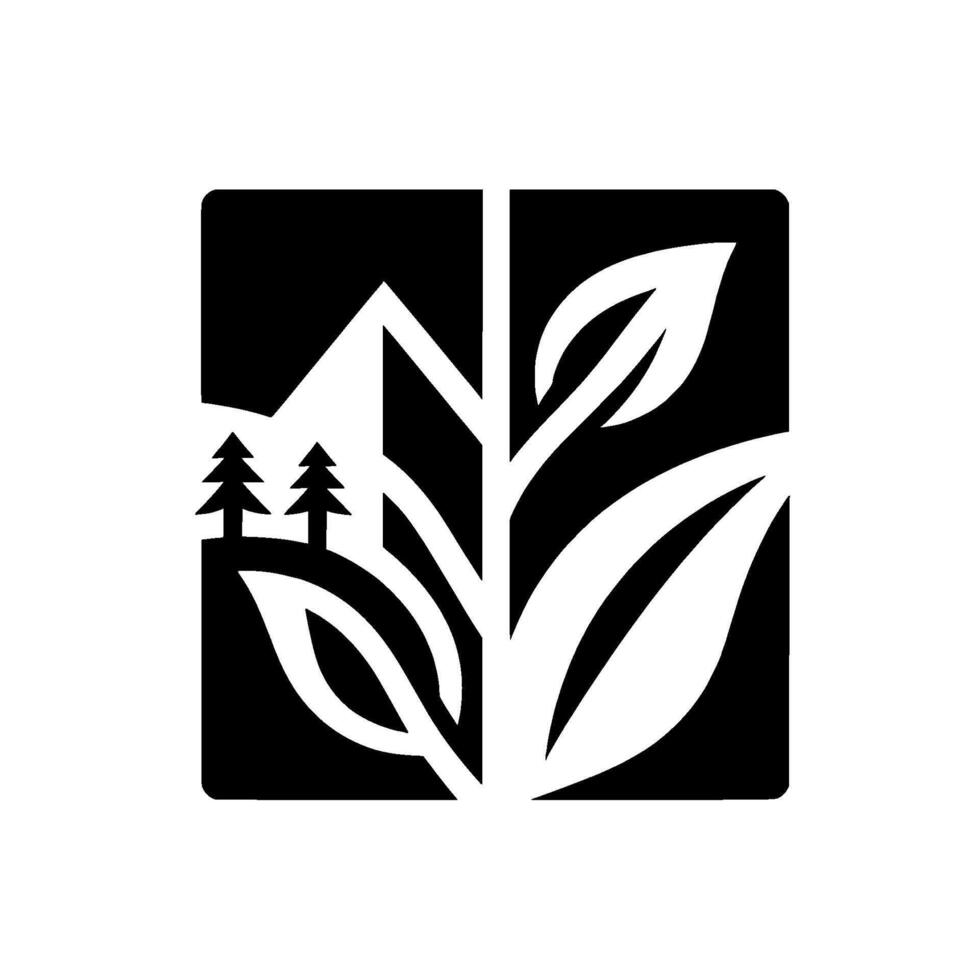 Abstract Black and White Depicting Nature, Combining Mountain, Trees, and Botanical Elements Within a Square Frame. vector