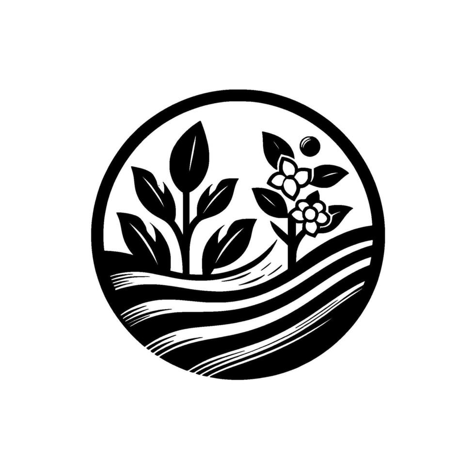Circular Monochrome Illustration of Growing Plants, with Flowers, Leaves, and a Simple Landscape. vector