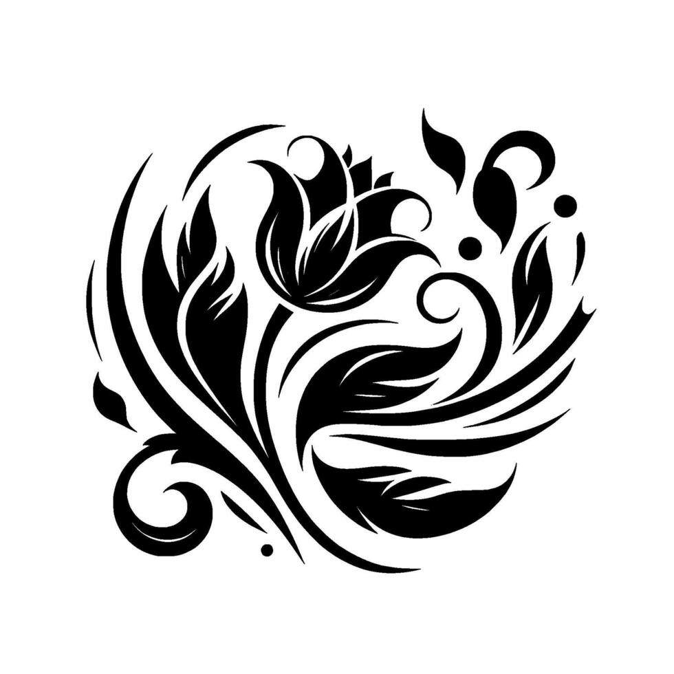 Intricate Black Floral Silhouette A Detailed, Symmetrical of Leaves, Swirls, and Petals on a White Canvas, Evoking Elegant Serenity. vector