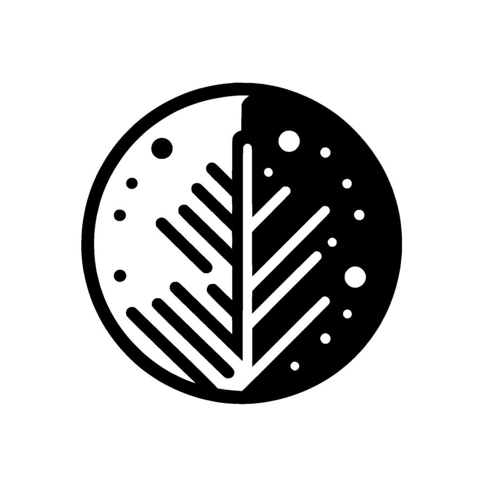 YinYang Floral A minimalist black and white circular illustration featuring a stylized leaf divided, showcasing symmetrical balance and cosmic dots. vector