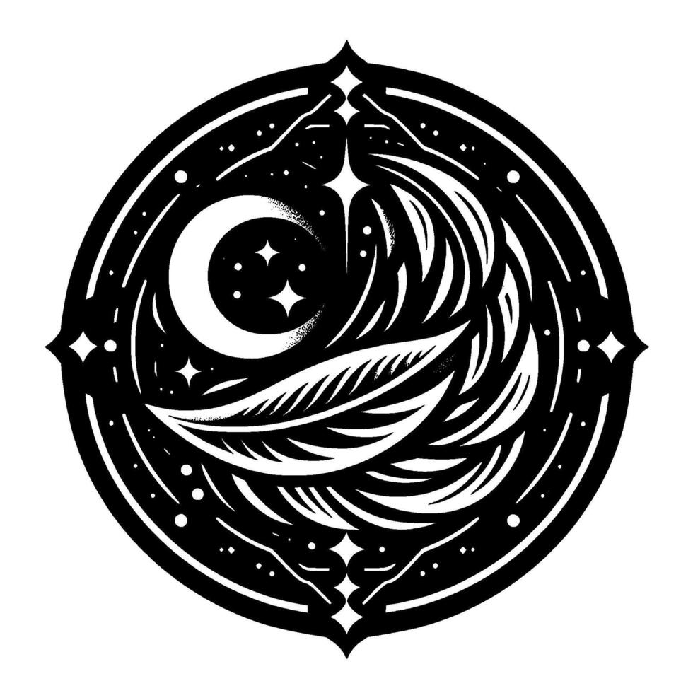 Elegant black and white circular emblem depicting a crescent moon, stars, and feather design, symbolizing night, dreams, and tranquility. vector