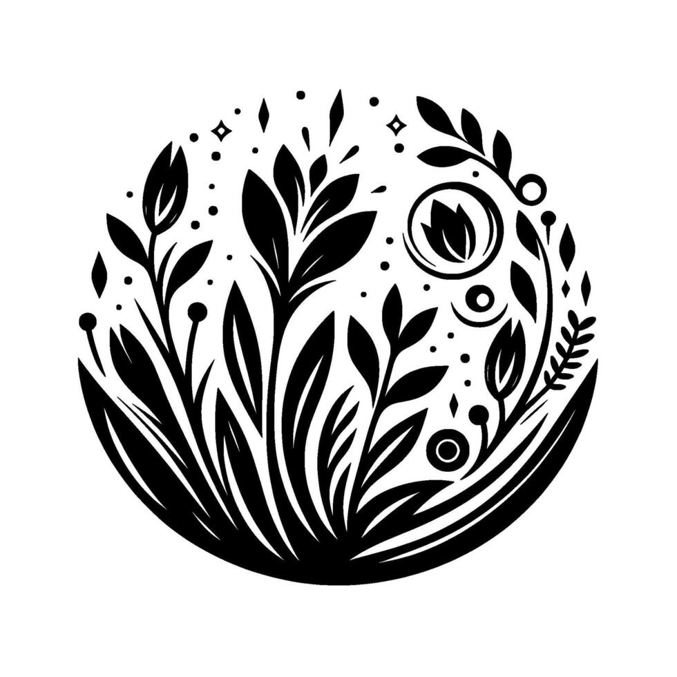 Elegant Black and White Floral Arrangement Inside a Circle, featuring stylized leaves, blossoms, and organic elements, creating a symmetrical and harmonious composition. vector