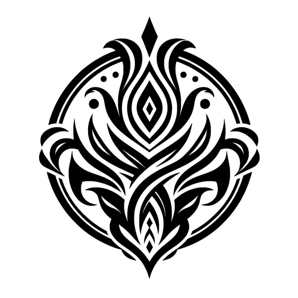 Intricate Black and White Floral Motif A Symmetrical Mandala with Flowing Lines, Geometric Center, and Bold Decorative Elements, set in a clean white background. vector