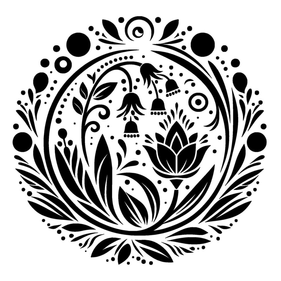 Intricate Black and White Floral Mandala with Bell Flowers, Lotus, Leaves, and Dot Accents, Circular Design. vector