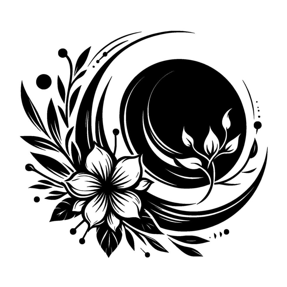 Elegant Black and White Floral with a Central Circle and Crescent Accents, Featuring Detailed Petals and Leaves. vector