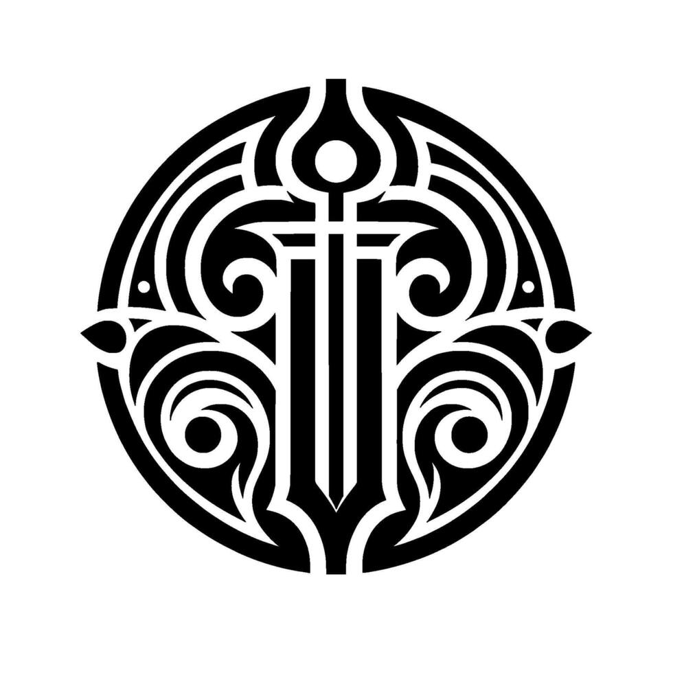 An intricate, symmetrical, and stylized black and white tribal emblem, featuring a central swordlike element encircled by decorative, swirling patterns within a circular frame. vector