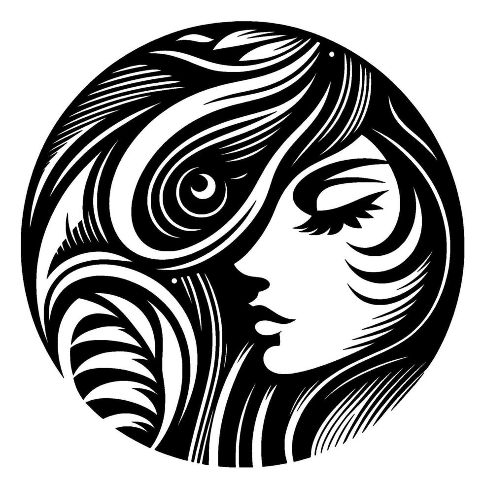 A stylized, monochromatic portrait of a womans face within a circle. Intricate flowing hair frames her profile, highlighting her closed eye with long lashes and a graceful silhouette. The contrasting vector