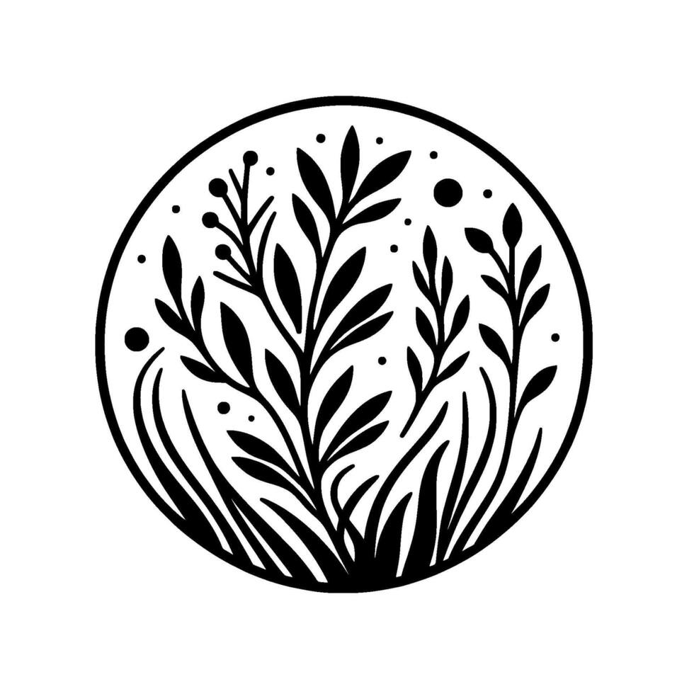 Minimalist Botanical Illustration A black and white circular featuring stylized leaves, grasses, and berries. vector