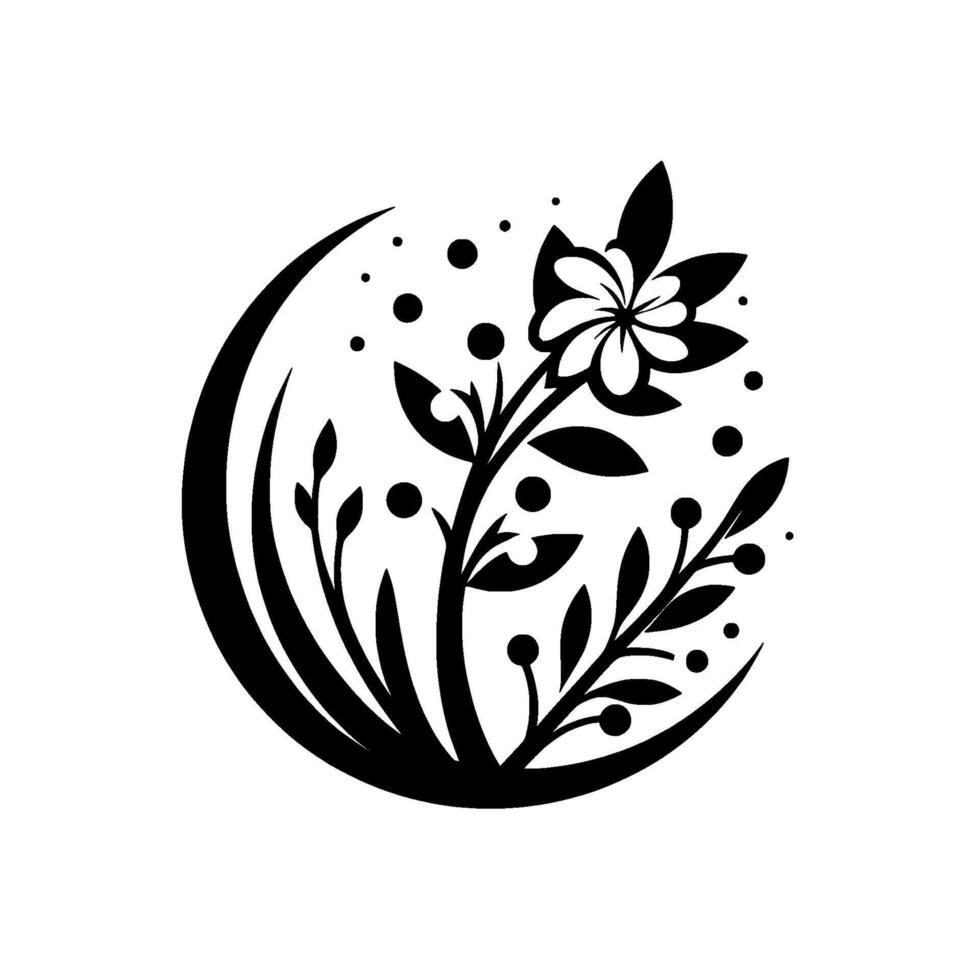 Elegant Black and White Floral Silhouette A stylized composition featuring a delicate flower arrangement, encapsulated within a crescent moon shape, evoking simplicity and nature. vector
