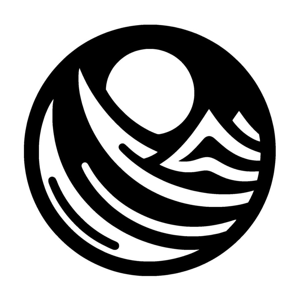 Minimalist Black and White Circle Logo Sun, Mountains, and Water Symbolize Serenity and Adventure. vector