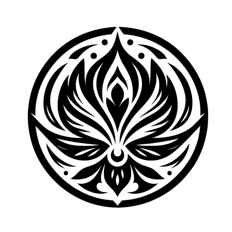 Intricate black and white floral mandala enclosed in a circular frame, resembling a stylized lotus blossom, minimalist aesthetic. vector