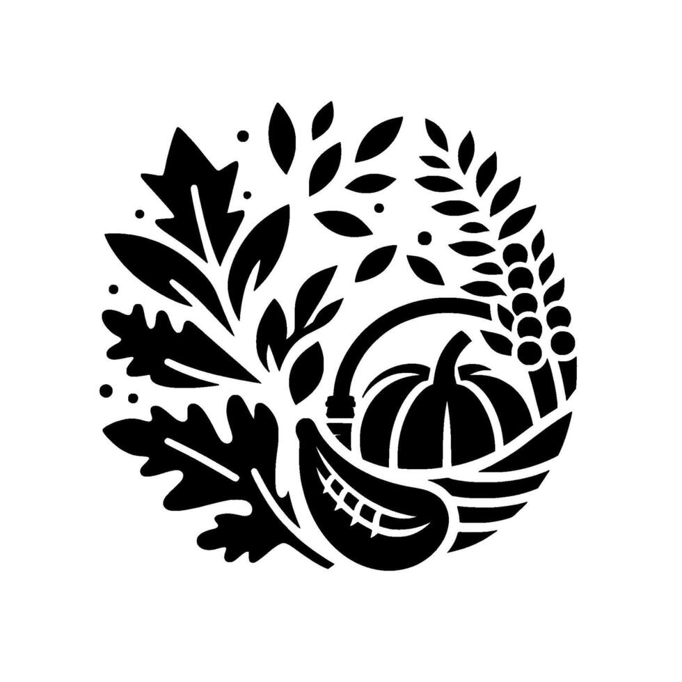 A circular black and white illustration showcasing a stylized harvest arrangement, featuring a pumpkin, foliage, and grains, symbolizing abundance and autumnal themes. vector
