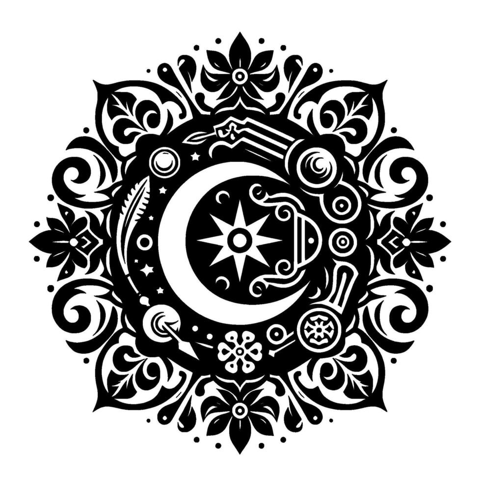 Intricate Black and White Celestial Mandala A Decorative Featuring Moon, Star, Floral, and Ornate Elements. vector