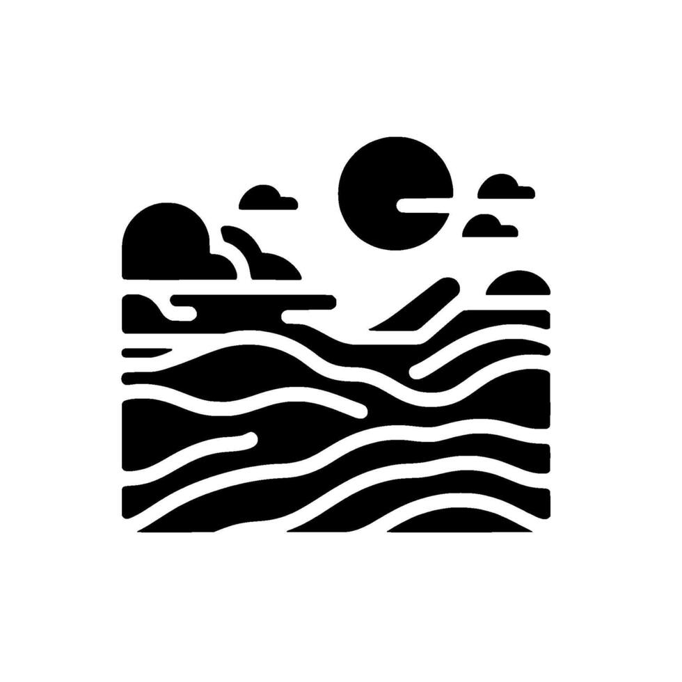 Minimalist Coastal Landscape Sun over wavy sea, clouds, and land, illustrated in a bold black and white style. vector