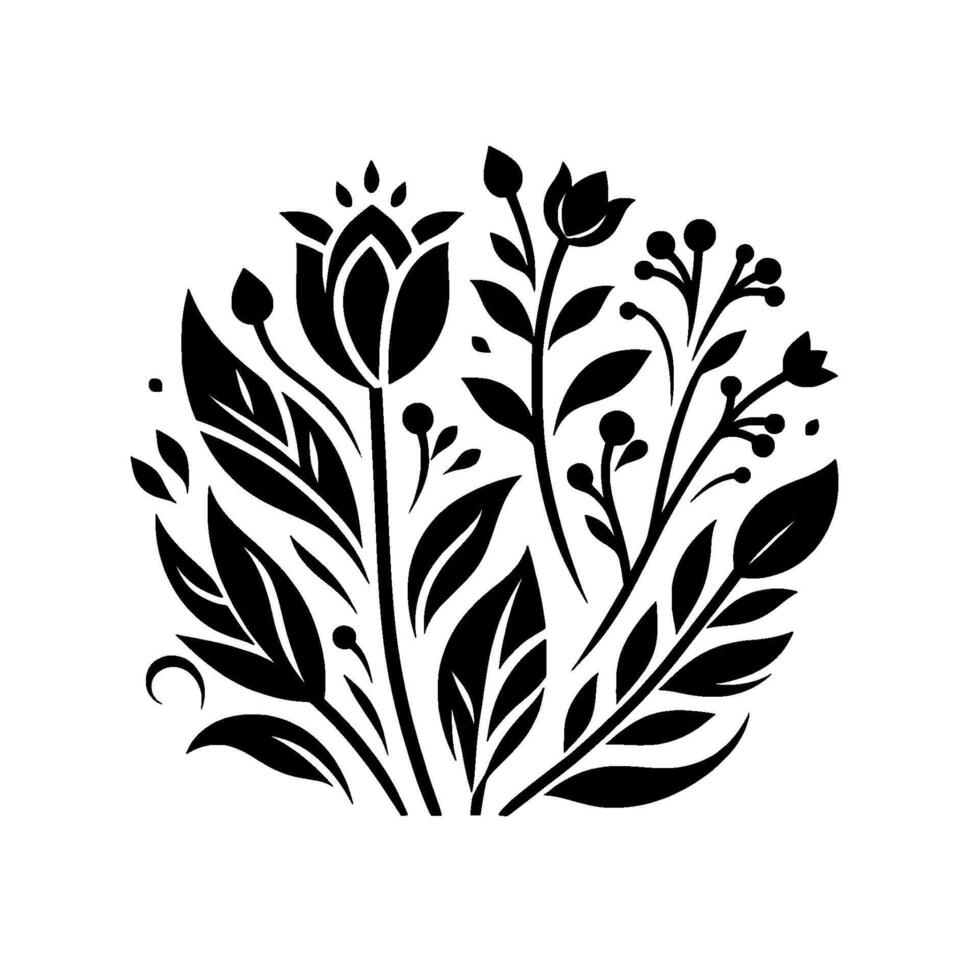 A stylized, minimalist black and white floral arrangement, featuring varied leaf shapes, buds, and a central, prominent flower, all arranged in a circular pattern against a pristine white backdrop. vector