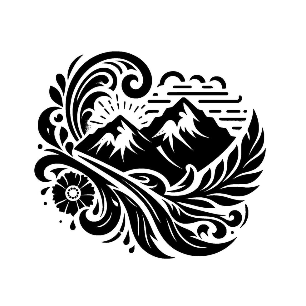 A stylized black and white mountain landscape featuring floral and swirling embellishments, sun rays, and a minimalist aesthetic. vector