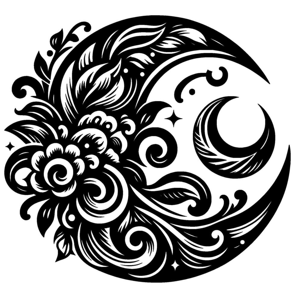 Intricate Black and White Crescent Moon Illustration with Floral Elements and Celestial Accents in Decorative, Ornamental Style. vector