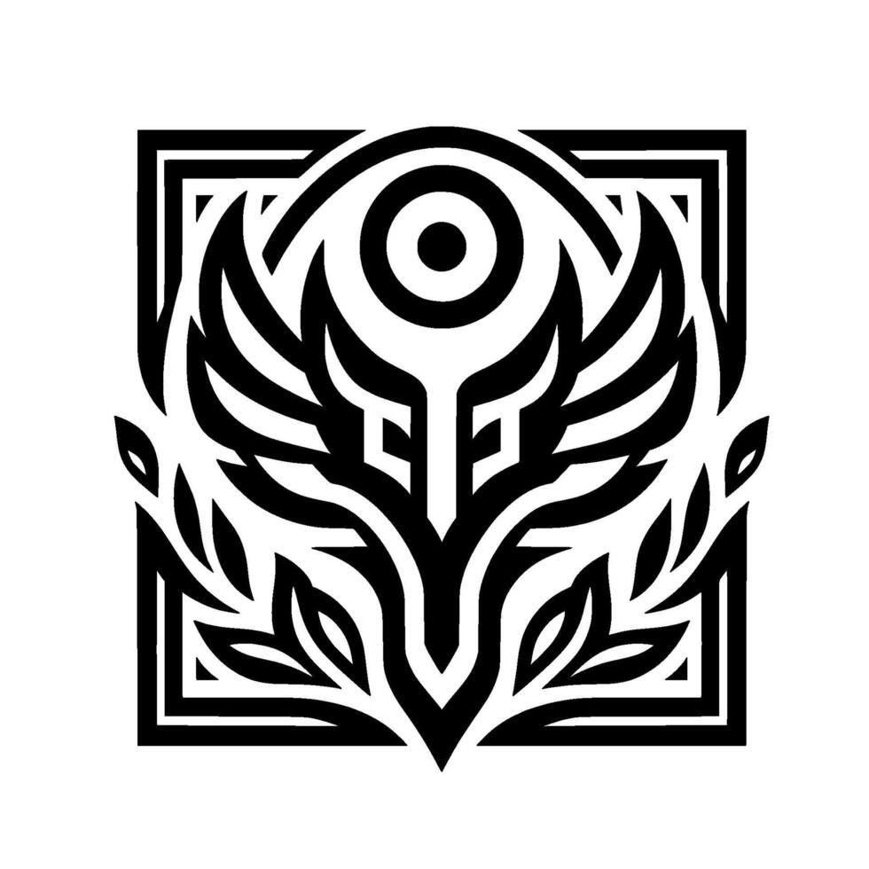 Elegant black and white symmetrical emblem depicting stylized wings, foliage, and a central sunlike element within a square frame, evoking a sense of balance and nature. vector