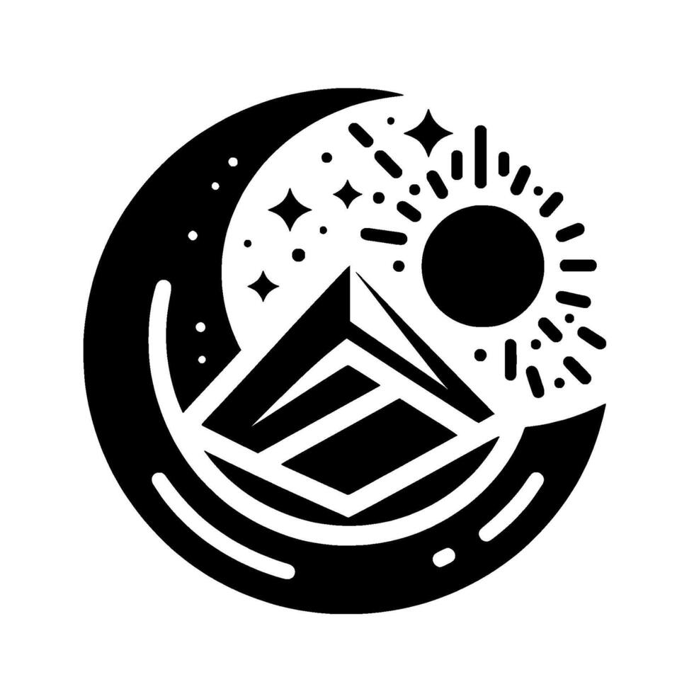 A stylized celestial symbol featuring a geometric mountain peak nestled within a crescent moon and radiant sun, evoking night and day. vector