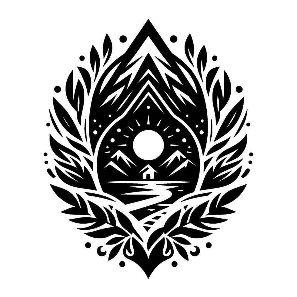 Intricate Black and White Illustration of a Mountain Landscape with Sun, House, and Winding River within a Leafy, Ornamental Border. vector