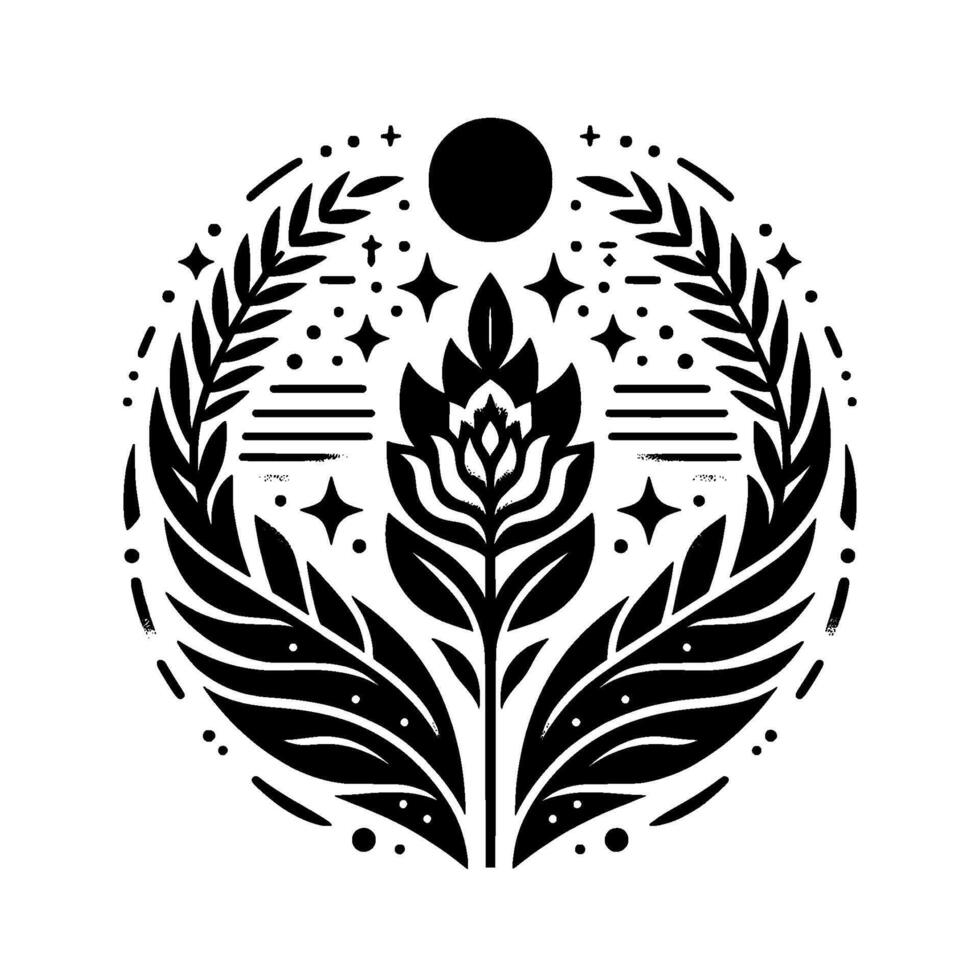 Elegant monochrome botanical illustration within a circle. Features stylized plant, star, and celestial elements like a sun, and foliage, forming a balanced composition. vector