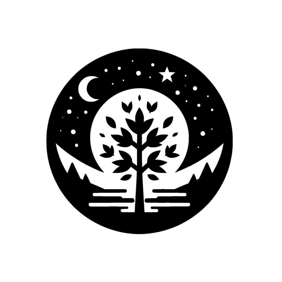 A stylized circular black and white of a tree silhouetted against a full moon, beneath a starry night sky, framed by mountain peaks and water lines. vector