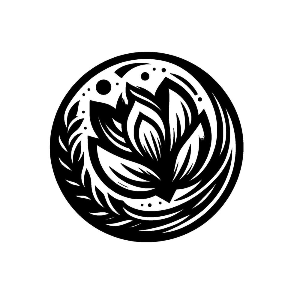 A symmetrical, monochrome floral mandala design, showcasing a central lotuslike arrangement encircled by stylized leaves and a dot pattern, all contained within a circular frame on white. vector