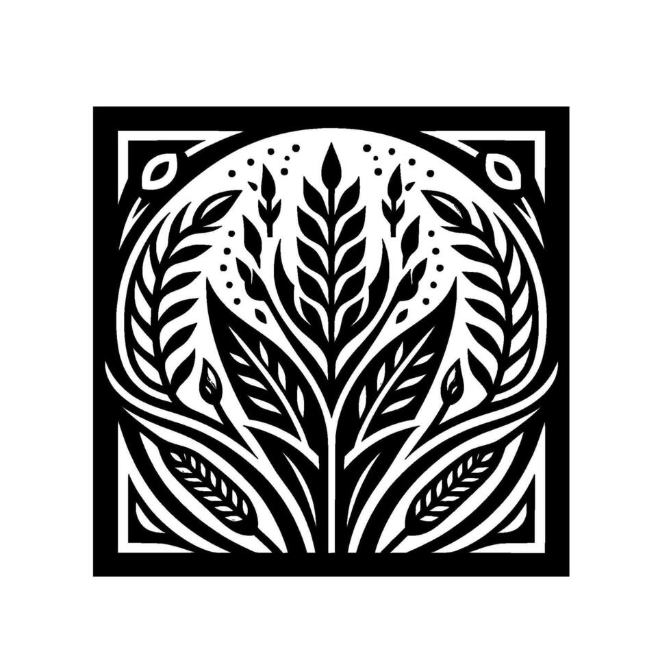 Intricate Black and White Botanical Featuring Stylized Plants within a Square and Circular Frame, Emphasizing Symmetry and Organic Forms. vector
