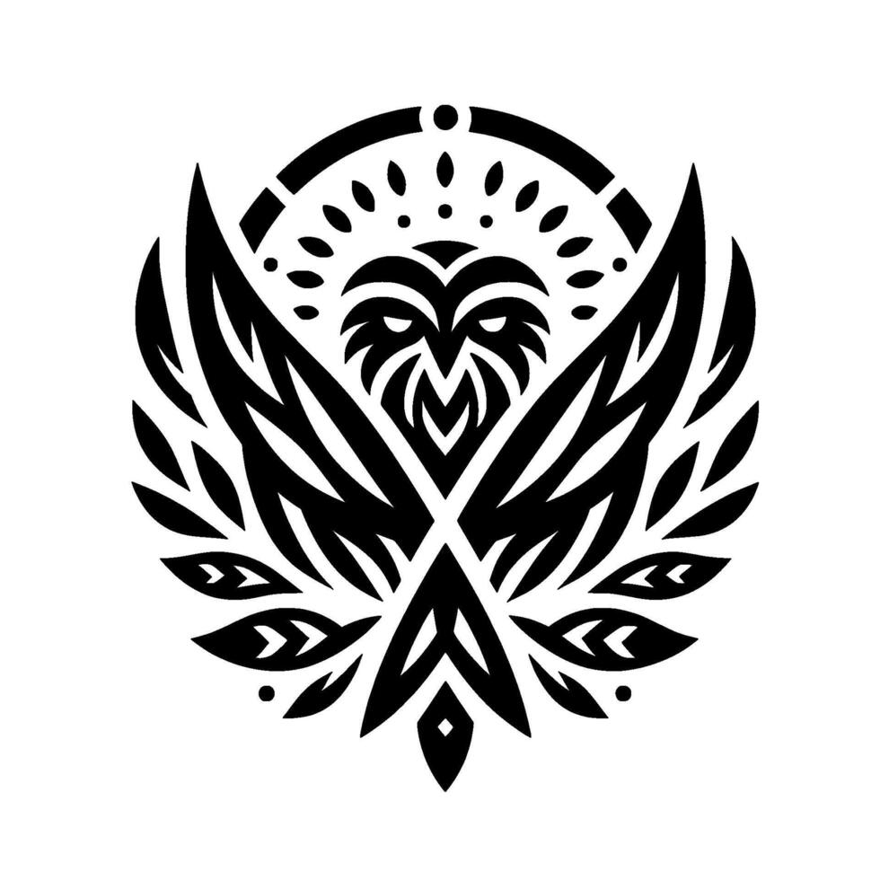 A symmetrical, stylized black and white owl logo, with an intricate feather and leaf radiating from its central form, framed by a circular border. vector