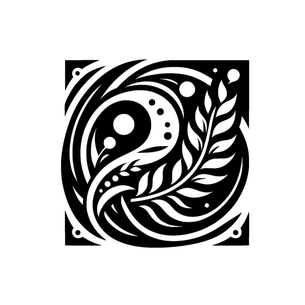 Abstract Black and White Illustration with YinYangInspired Swirls, Floral Accents, and Geometric Square Frame. vector
