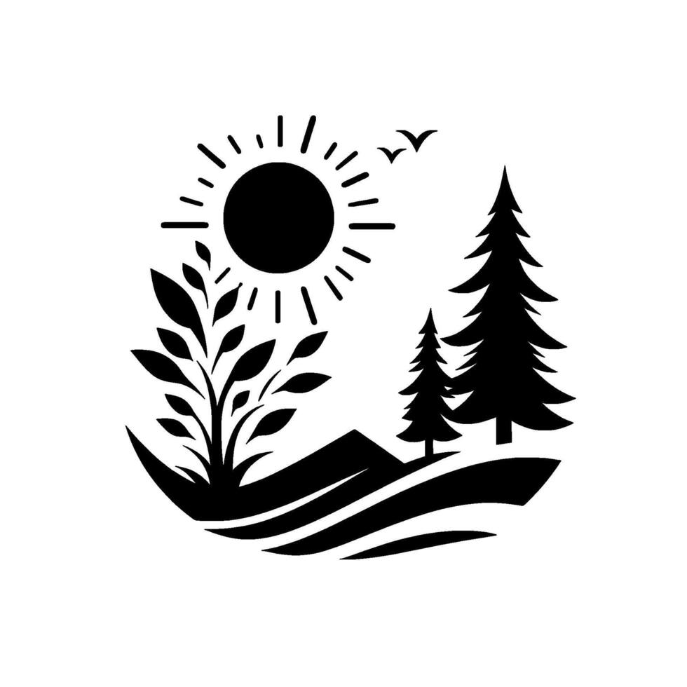 A black and white minimalist illustration depicting a sunny landscape with trees, leaves, and flying birds, evoking serenity. vector