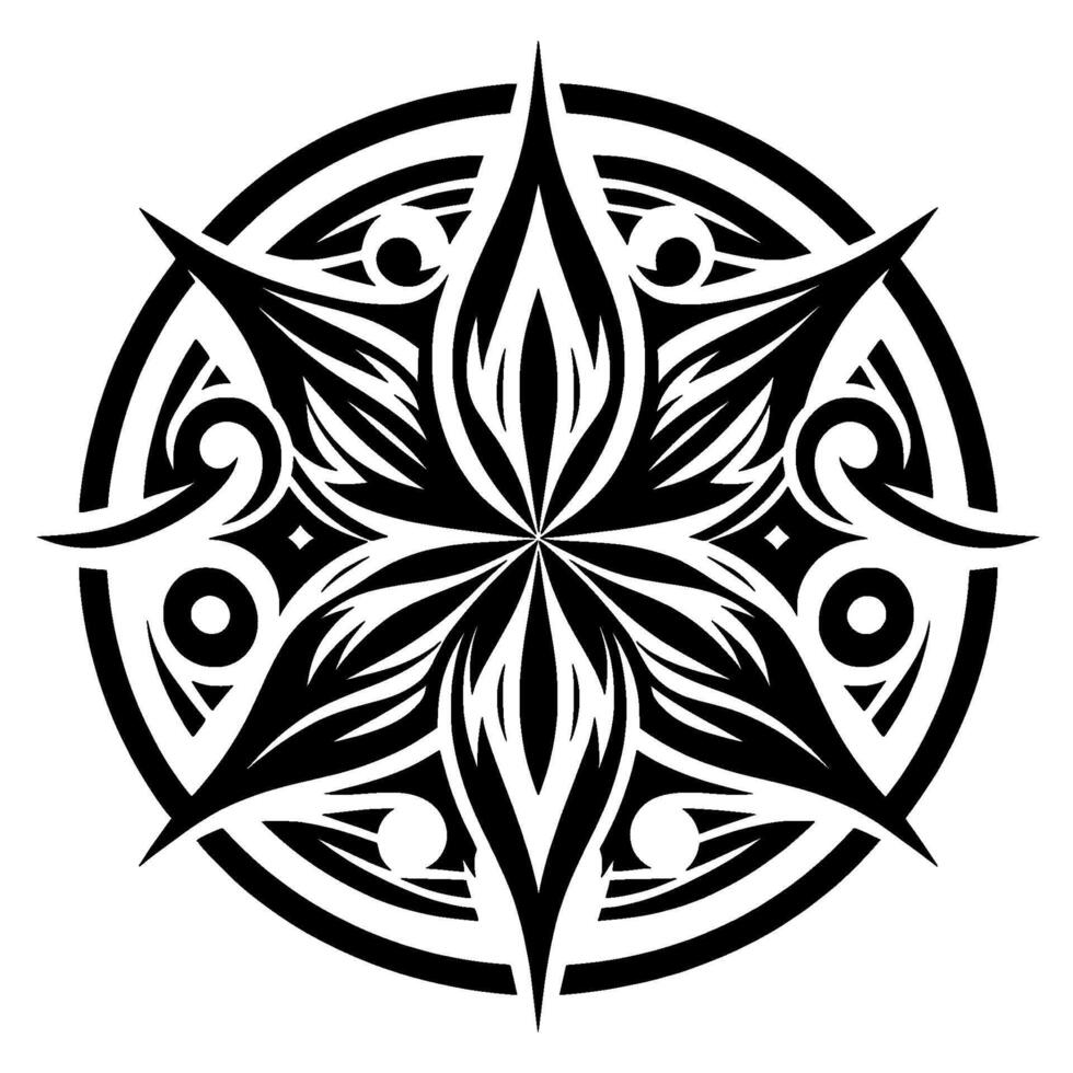 Intricate Black and White Mandala A symmetrical, starlike with stylized floral elements, sharp points, and circular framing, embodying balance and spiritual harmony. vector