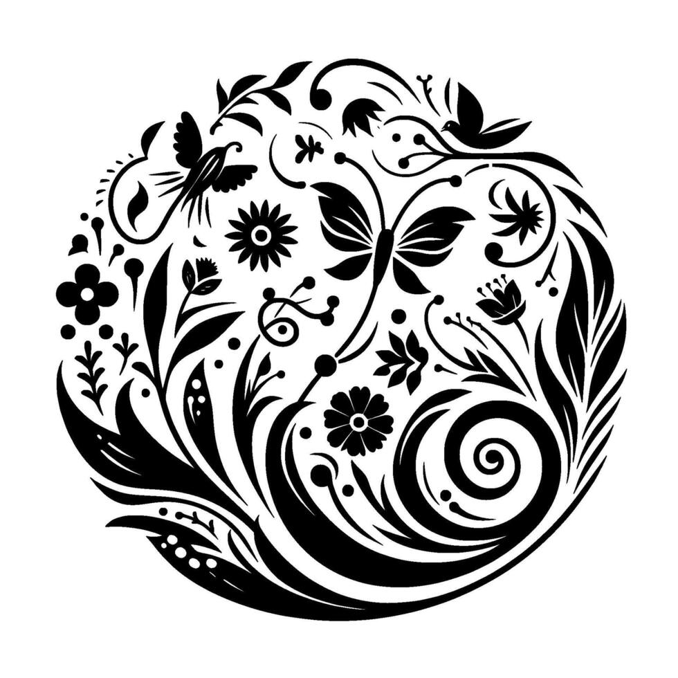 Intricate Black and White Floral Mandala Butterflies, Birds, Flowers, and Swirls in a Decorative Circle vector